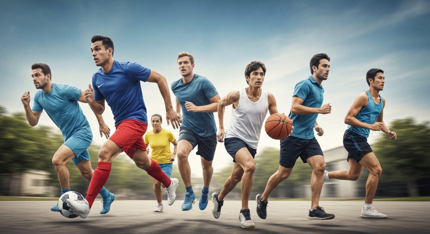 Diverse athletes from various sports in mid-motion, focused forward.