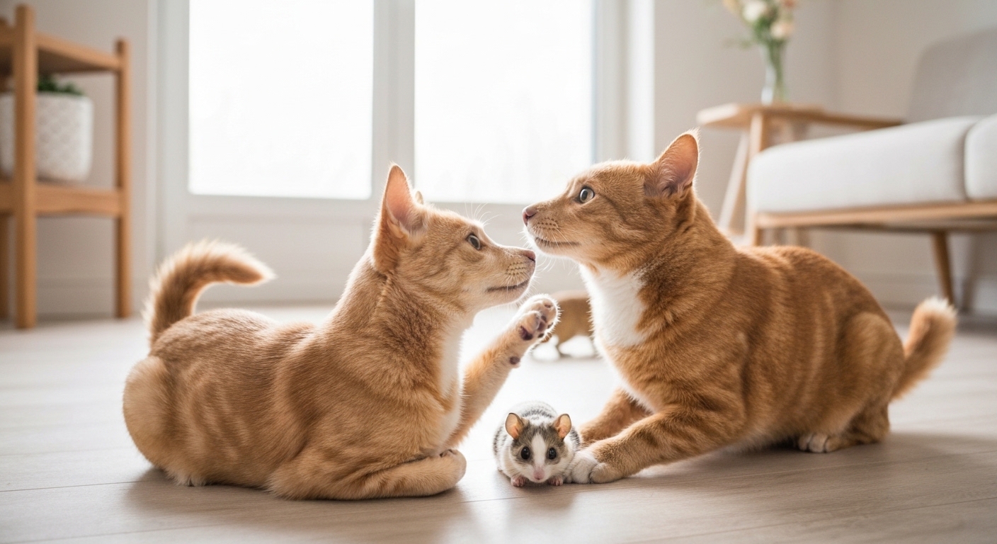 Happy, diverse dogs, cats, and small mammals playing together.