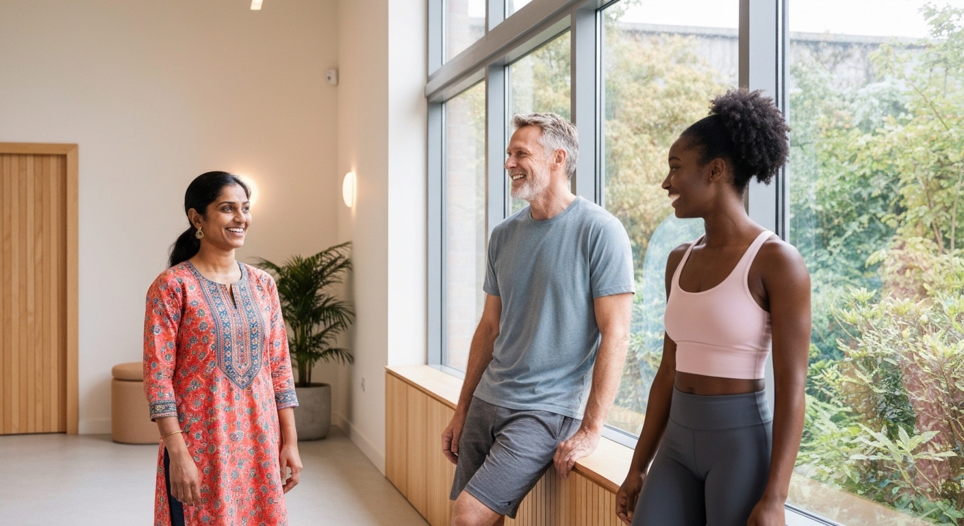 Vibrant, diverse adults smiling and interacting in a bright, modern setting.