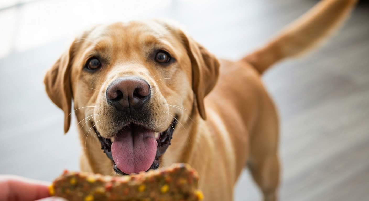 Joyful Golden Retriever looking eagerly at a wholesome homemade dog treat.