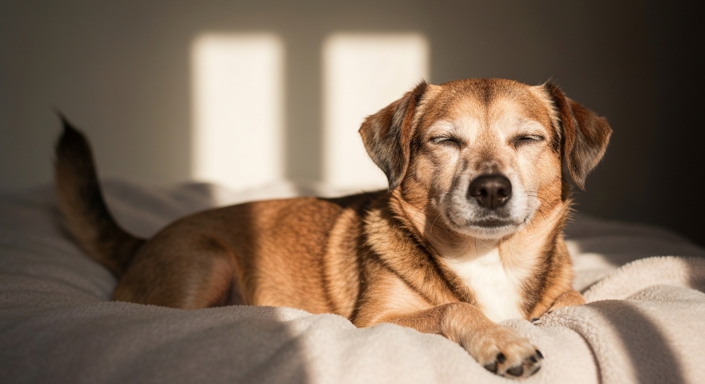 Healthy medium-sized senior dog eating premium food from a bowl.