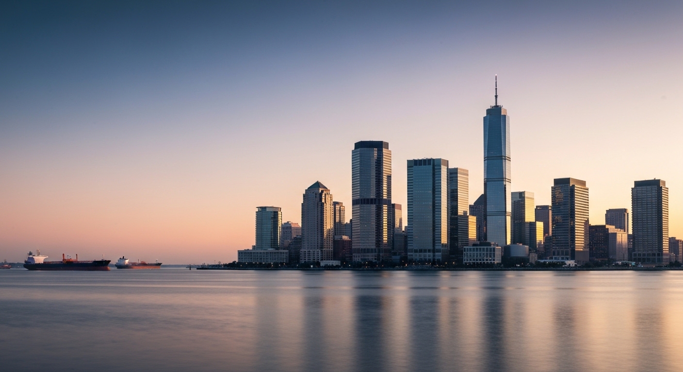 Financial district skyline at dawn, distant blurred oil tankers.