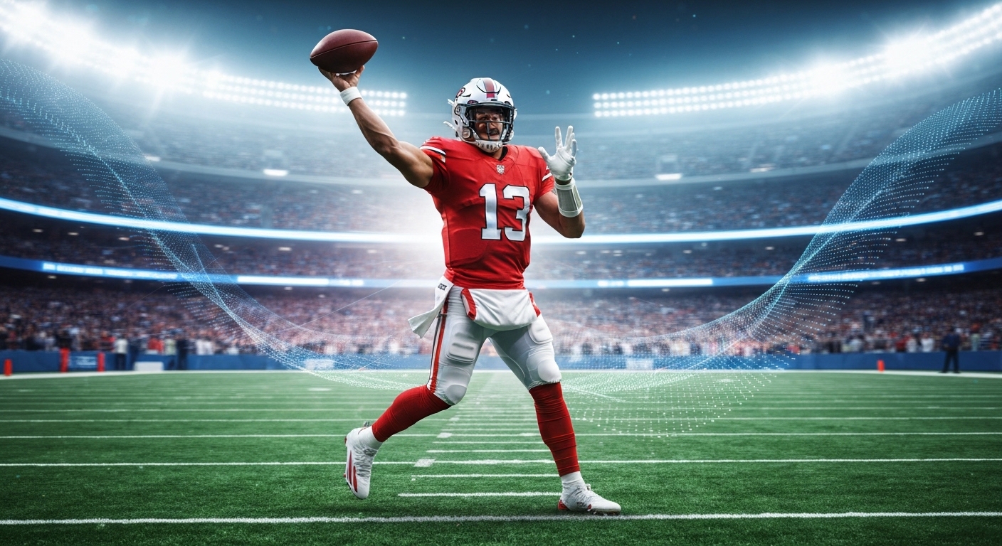 Dynamic NFL player in peak action on a bright field with glowing data patterns.