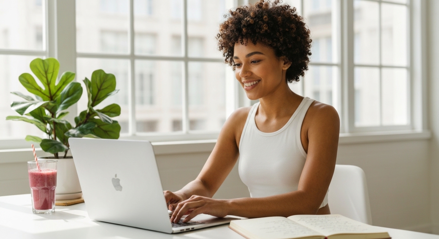 Smiling woman typing on laptop at bright desk with plant, smoothie.