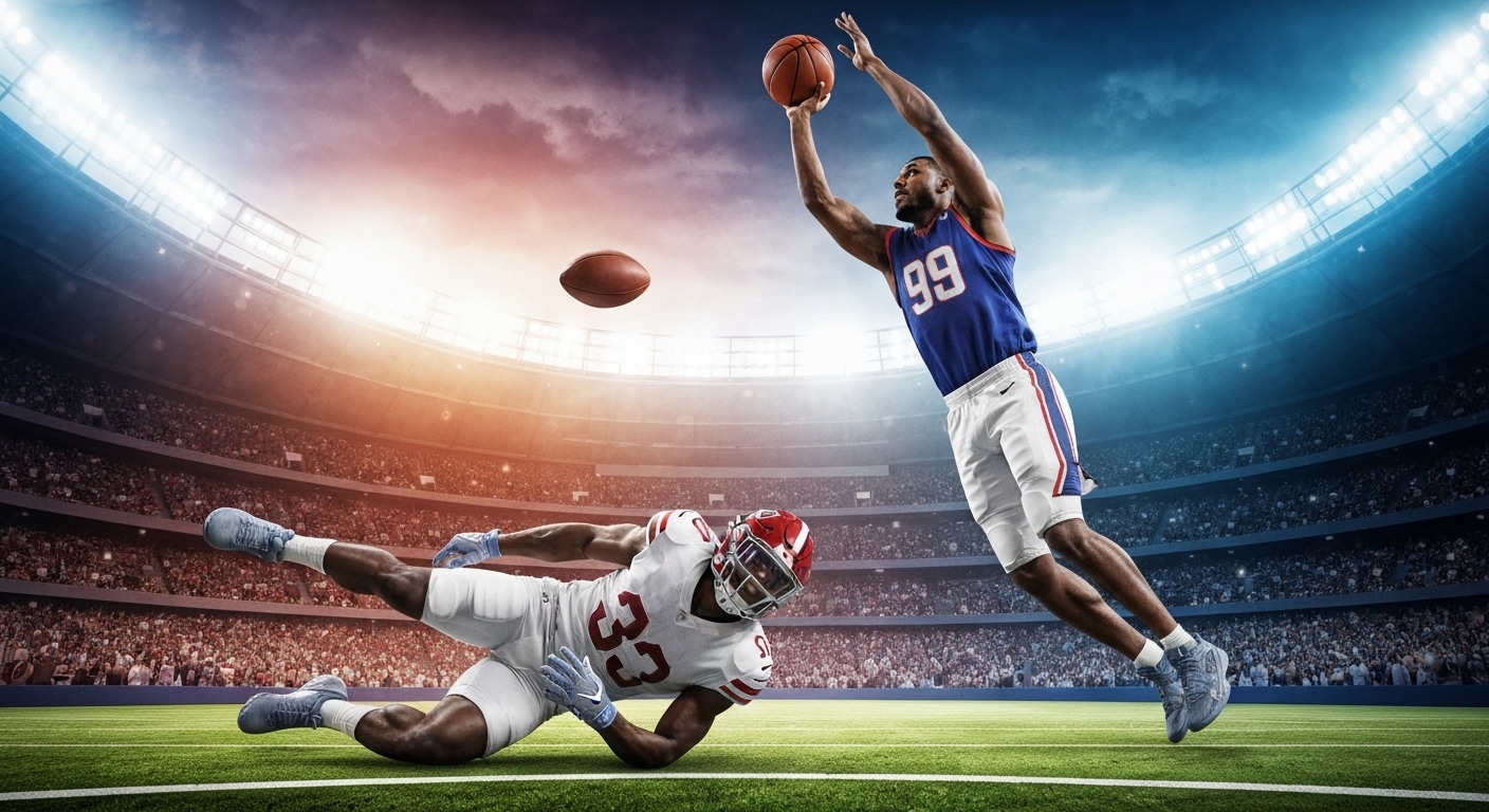 NFL linebacker tackling, NBA player driving to basket, dynamic composite.