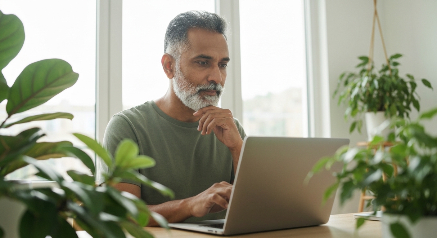 Person thoughtfully using laptop in bright, plant-filled home office.
